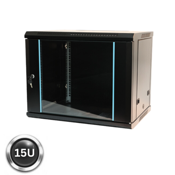 15U 450mm Deep Wall Mount Network Cabinet Black Flat Pack Medium Depth