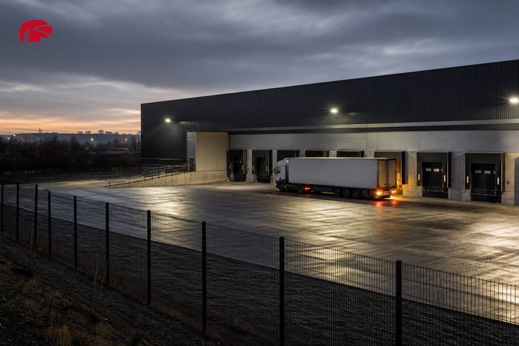 Commercial warehouse loading bay perimeter at dusk with floodlit crossing zone and industrial fence line