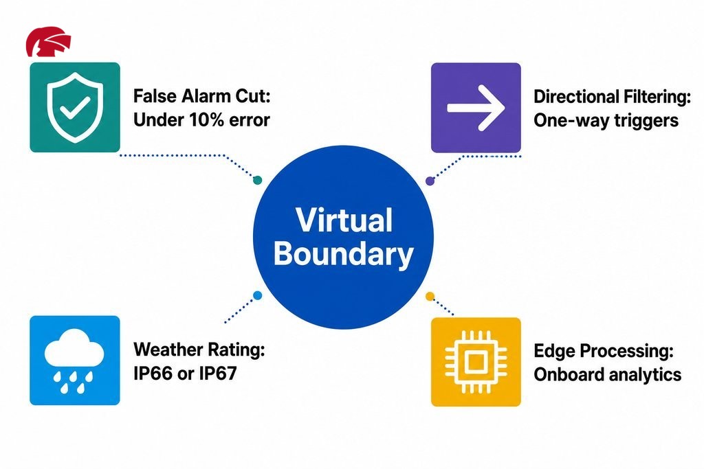 Key features of line crossing detection cameras: virtual boundaries, configuration options, accuracy, specs, and false alarm 